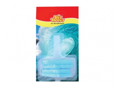 Recarga wc desinfetante Ri Bravo com três pastilhas azuis em embalagem colorida