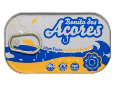 Lata metálica de atum com rótulo branco, azul e amarelo e texto Bonito dos Açores