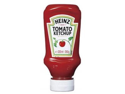 Garrafa de ketchup Heinz de plástico vermelho com tampa branca.