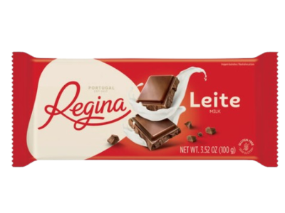 Barra de chocolate de leite Regina em embalagem vermelha com imagem de chocolate e leite