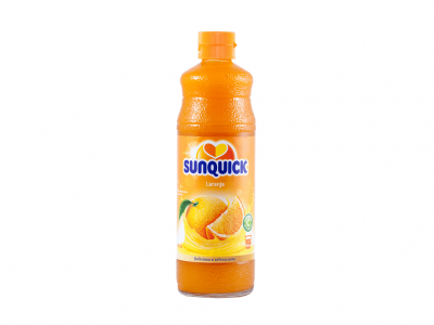 Garrafa de sumo de laranja Sunquick com etiqueta laranja e branca