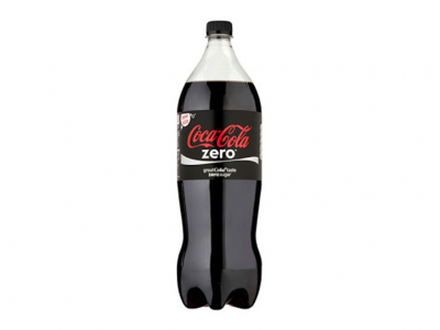 Garrafa de Coca-Cola Zero preta de 2 litros com rótulo preto e vermelho