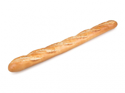 Pão baguete dourado e crocante sobre fundo branco