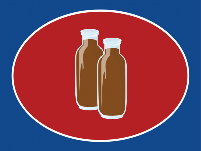 Duas garrafas de vidro castanho com tampas brancas num fundo azul com oval vermelho