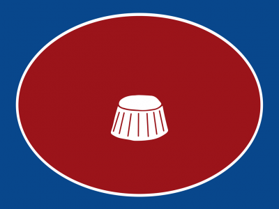 Símbolo branco de cápsula sobre fundo vermelho circular com borda branca e fundo azul