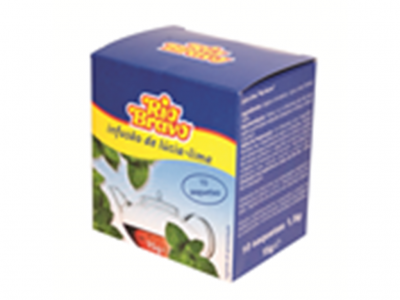 Caixa azul e amarelo de chá Rio Bravo com folhas verdes e bule