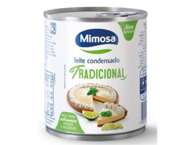 Lata de leite condensado Tradicional da marca Mimosa com imagem de tarte de limão