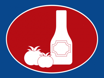 Figura estilizada de garrafa e tomates em fundo azul e elipse vermelha