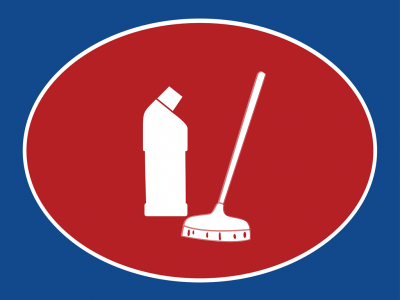 Sinal vermelho com ícones brancos de produto de limpeza e esfregona sobre fundo azul