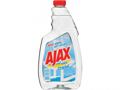 Frasco transparente de detergente AJAX Vidros Cristal com tampa vermelha
