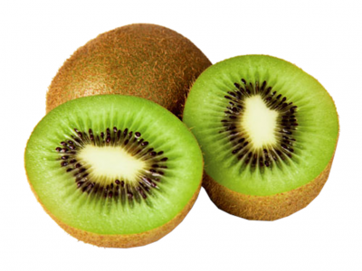 Kiwis inteiros e cortados mostrando polpa verde e sementes pretas