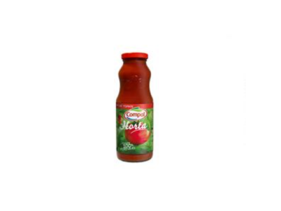 Garrafa de molho de tomate Compal com rótulo verde e tampa vermelha.