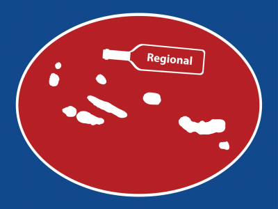 Gráfico azul com elipse vermelho e garrafa de vinho branca com texto Regional