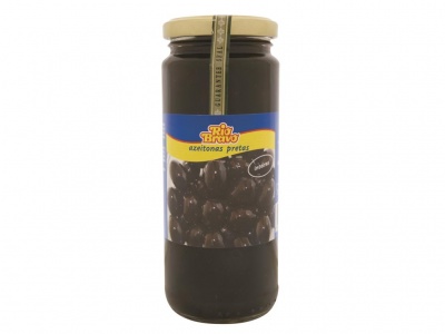 Frasco de vidro com azeitonas pretas da marca Rio Bravo