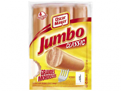 Embalagem de 4 salsichas Oscar Mayer Jumbo Classic com texto e selo informativo.