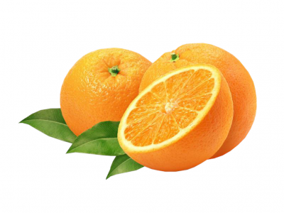 Três laranjas, uma cortada ao meio, com folhas verdes