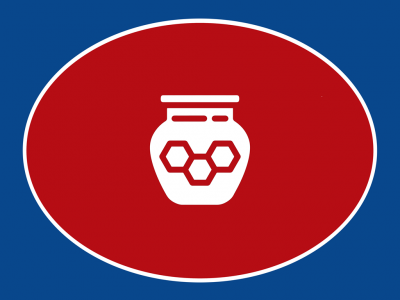 Ícone de pote com padrão hexagonal em fundo oval vermelho e azul