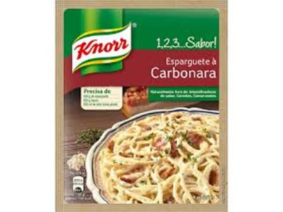Pacote Knorr Esparguete à Carbonara com imagem do prato e texto informativo