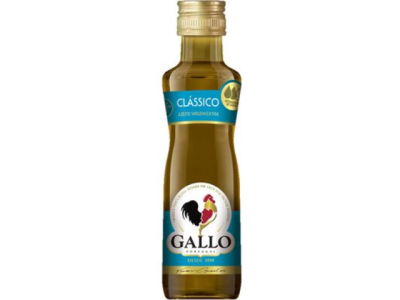 Garrafa de azeite Gallo Clássico com rótulo azul e galo preto e vermelho
