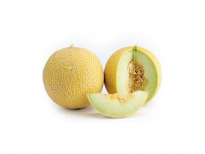 Dois melões amarelos, um cortado, com polpa verde clara e sementes visíveis