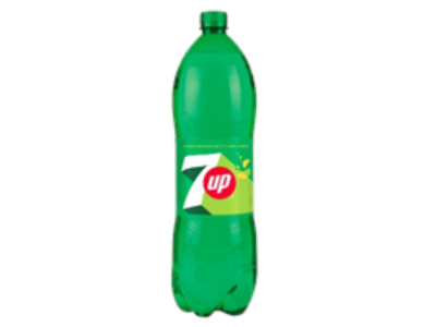 Garrafão de refrigerante 7up com rótulo verde e amarelo.