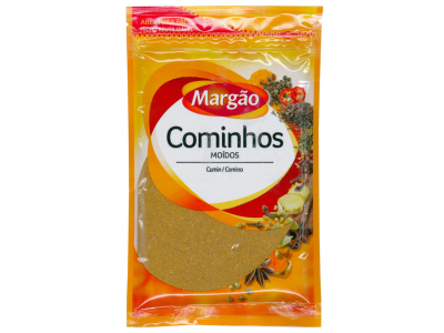 Pacote de cominhos moídos Margão com embalagem plástica amarela e transparente