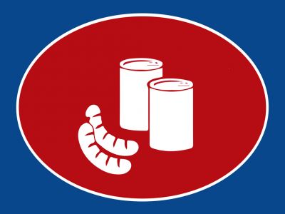 Sinal de trânsito com ícones de latas e salsichas