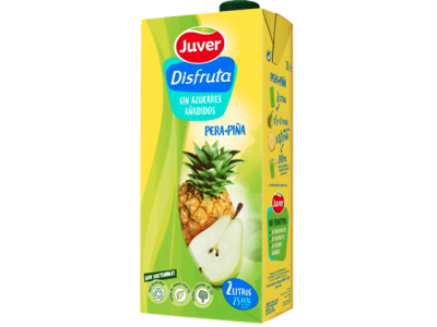Embalagem de sumo Juver Disfruta de pera e ananás com texto e imagens das frutas