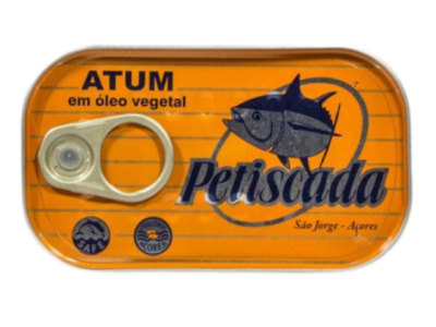 Lata de atum Petiscada em óleo vegetal com anilha, cor laranja e desenho de atum
