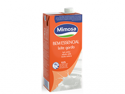 Caixa de leite gordo Mimosa Bem Essencial laranja e branco com tampa de plástico