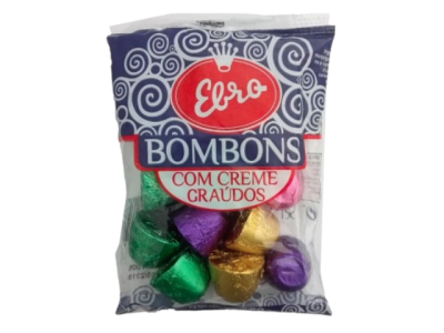 Pacote de bombons Elbro com creme embrulhados em papéis metálicos coloridos