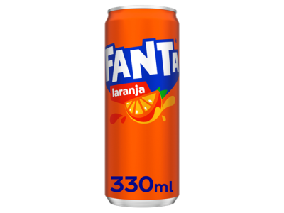 Lata de refrigerante Fanta laranja 330 ml com imagem de fatia de laranja