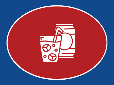 Ícone branco de copo com gelo e lata dentro de oval vermelho em fundo azul