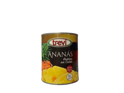 Lata de ananás em calda Trevi com rótulo colorido e fatias de ananás