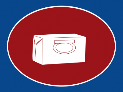 Caixa branca sobre fundo vermelho e azul