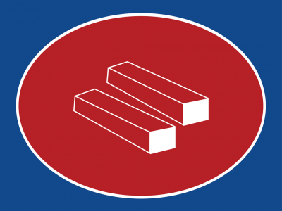 Símbolo com dois prismas retangulares brancos num círculo vermelho com borda branca em fundo azul