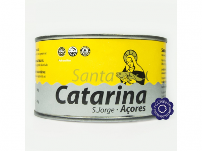 Lata de conserva de peixe Santa Catarina Açores com rótulo amarelo e cinza