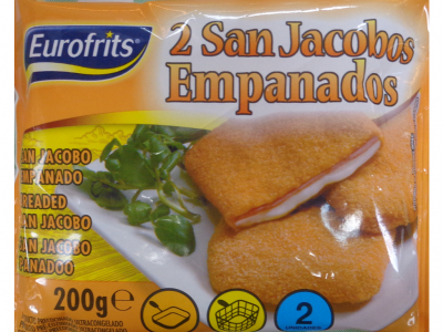 Embalagem de 2 San Jacobos Empanados Eurofrits com imagem do produto servido