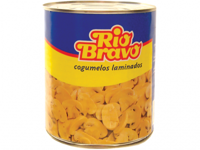Lata de cogumelos laminados Rio Bravo com rótulo azul e amarelo