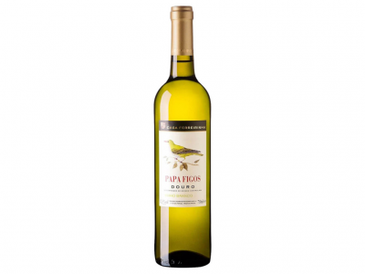 Garrafa de vinho branco com rótulo branco e ilustração de pássaro amarelo