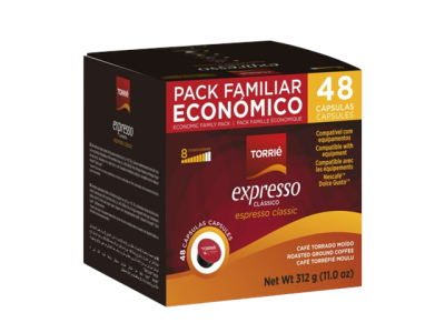 Embalagem de cápsulas de café Torrie Expresso Clássico, pack familiar económico com 48 cápsulas.