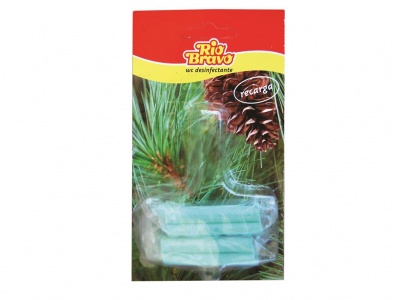 Recarga de lixivia desinfectante Rio Bravo com quatro pastilhas azuis em embalagem cartão