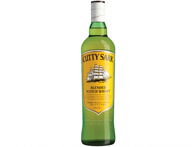 Garrafa verde de whisky Cutty Sark com rótulo amarelo e desenho de navio