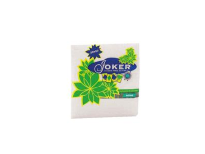 Pacote branco com flores verdes e amarelas e texto azul JOKER