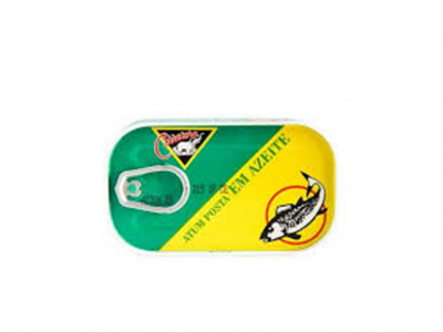 Lata de atum posta em azeite colorida em verde, amarelo e preto