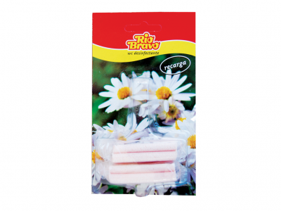 Embalagem de recarga de desinfetante Rio Bravo com imagem de flores e bastões brancos