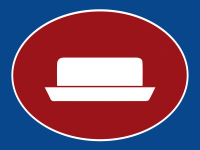 Sinal de trânsito com símbolo branco de chapéu sobre prato em fundo vermelho oval