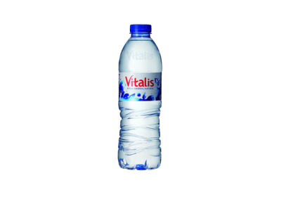 Garrafa de água Vitalis com tampa azul e etiqueta com flores azuis