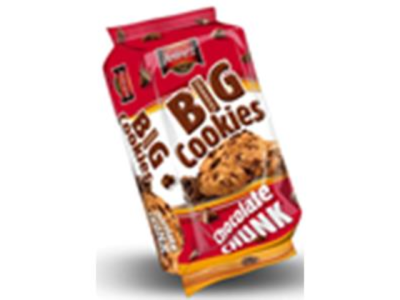 Pacote de cookies grandes chocolate chunk em vermelho, branco e amarelo