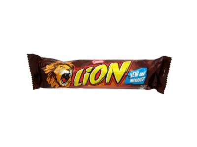 Barra de chocolate Lion com embalagem castanha, amarelo e vermelho e cabeça de leão